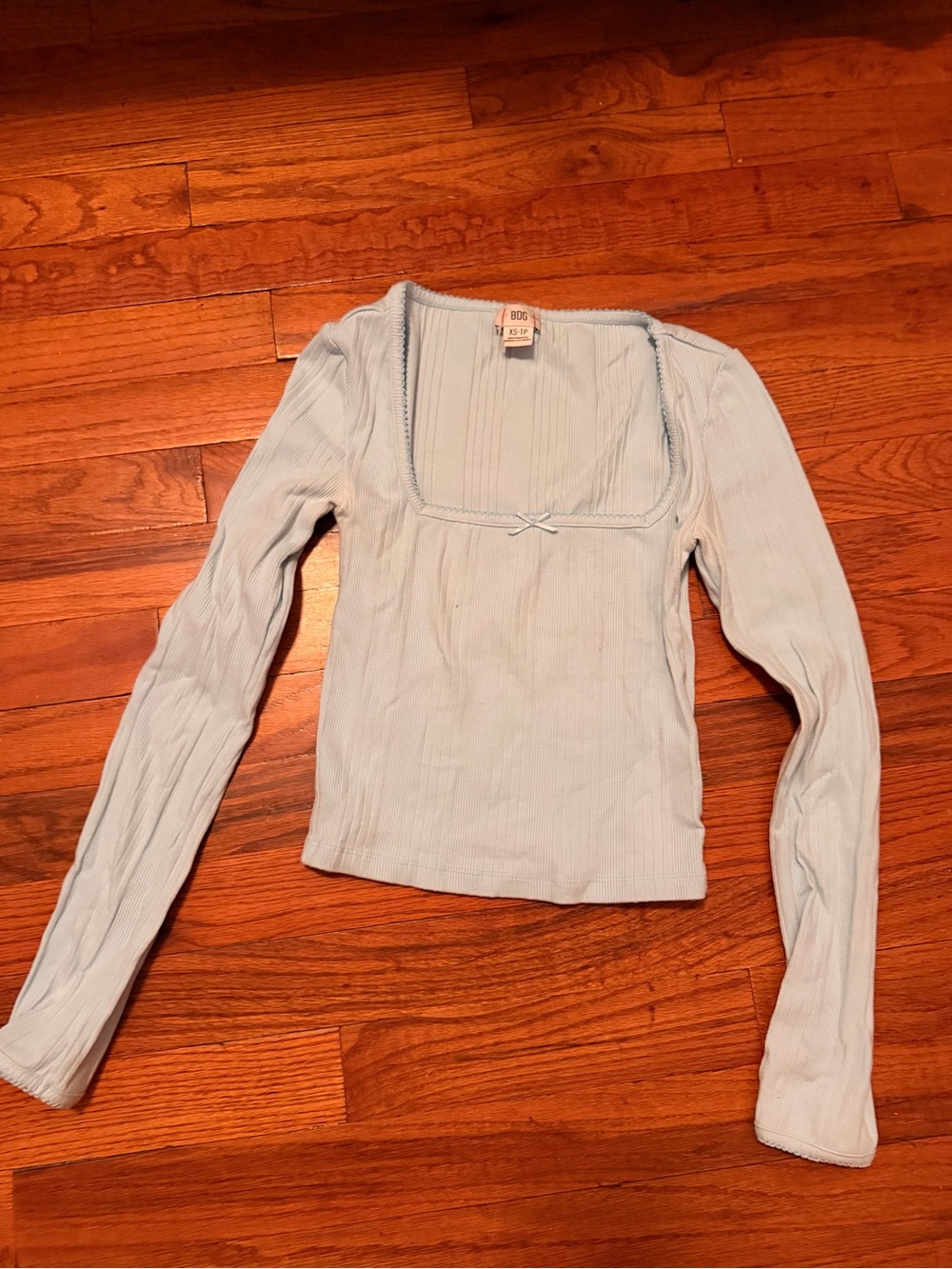 BDG Pale Blue Ribbed Square-Neck Long Sleeve Top